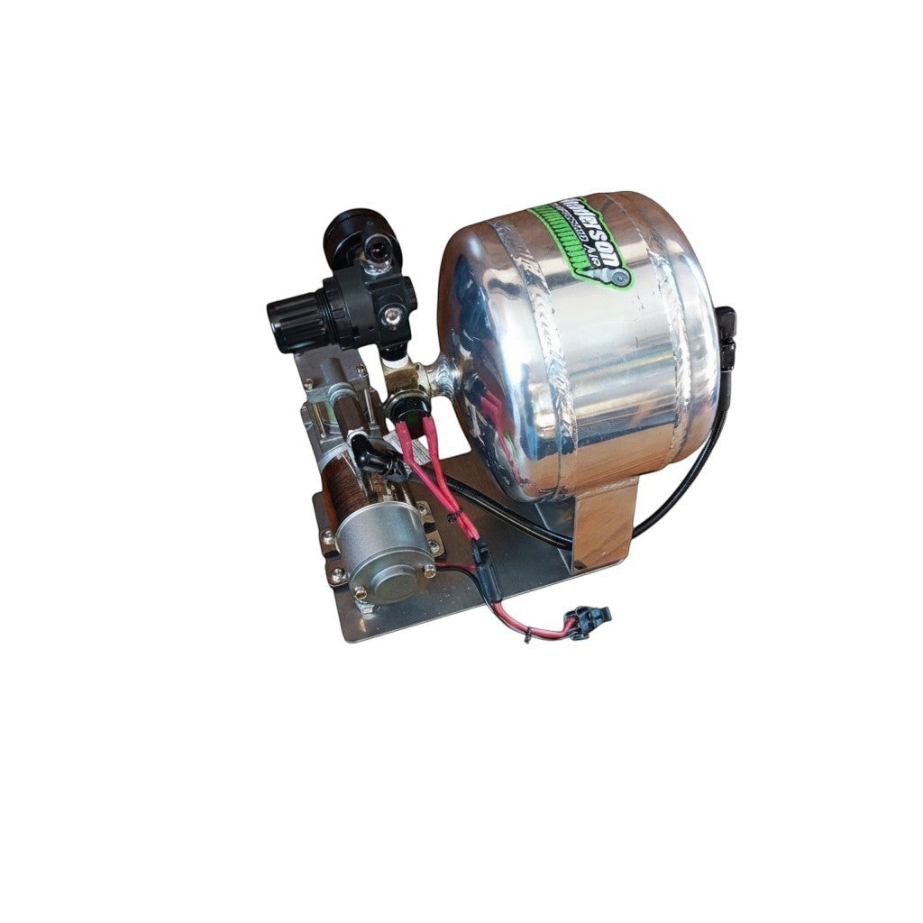 Henderson Race Shop Store lightweight on-board air compressor with polished aluminum tank and black baseplate