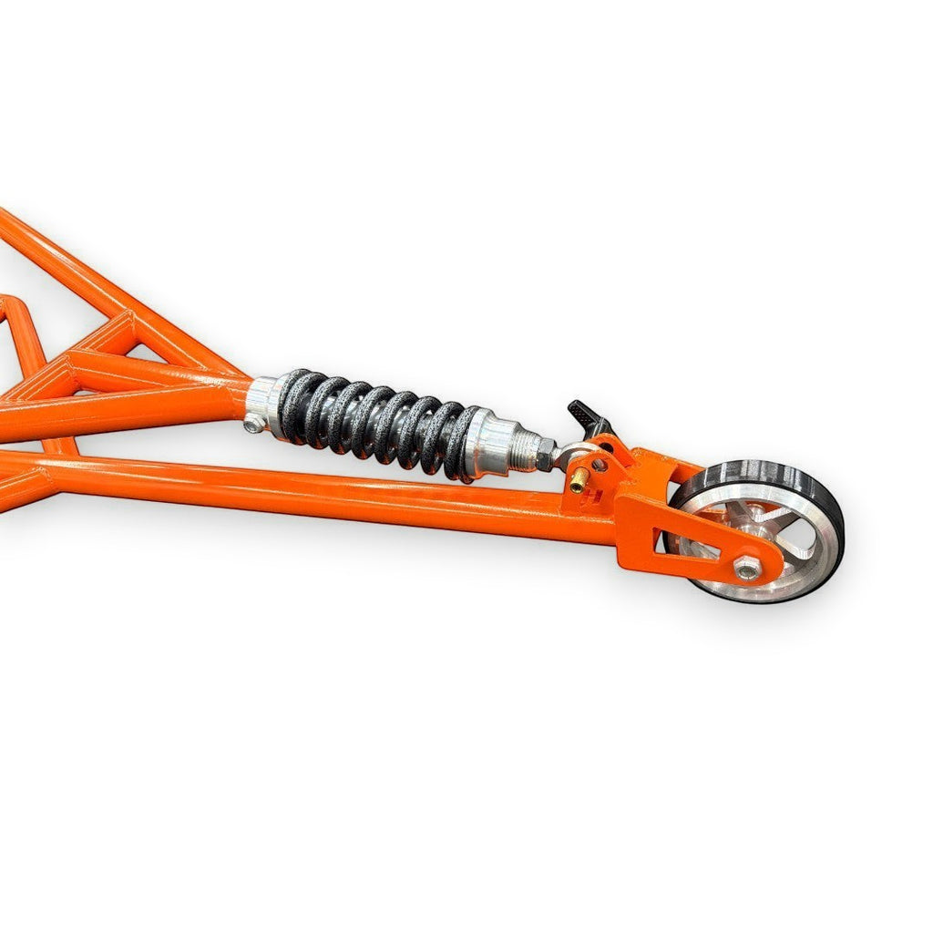 Henderson Race Shop Store orange chromoly single wheelie bar with heavy duty spring slider and racing wheel