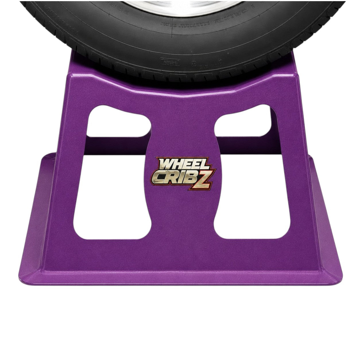 Henderson Race Shop Store 12 inch purple steel wheel crib supporting a car tire for maintenance and display