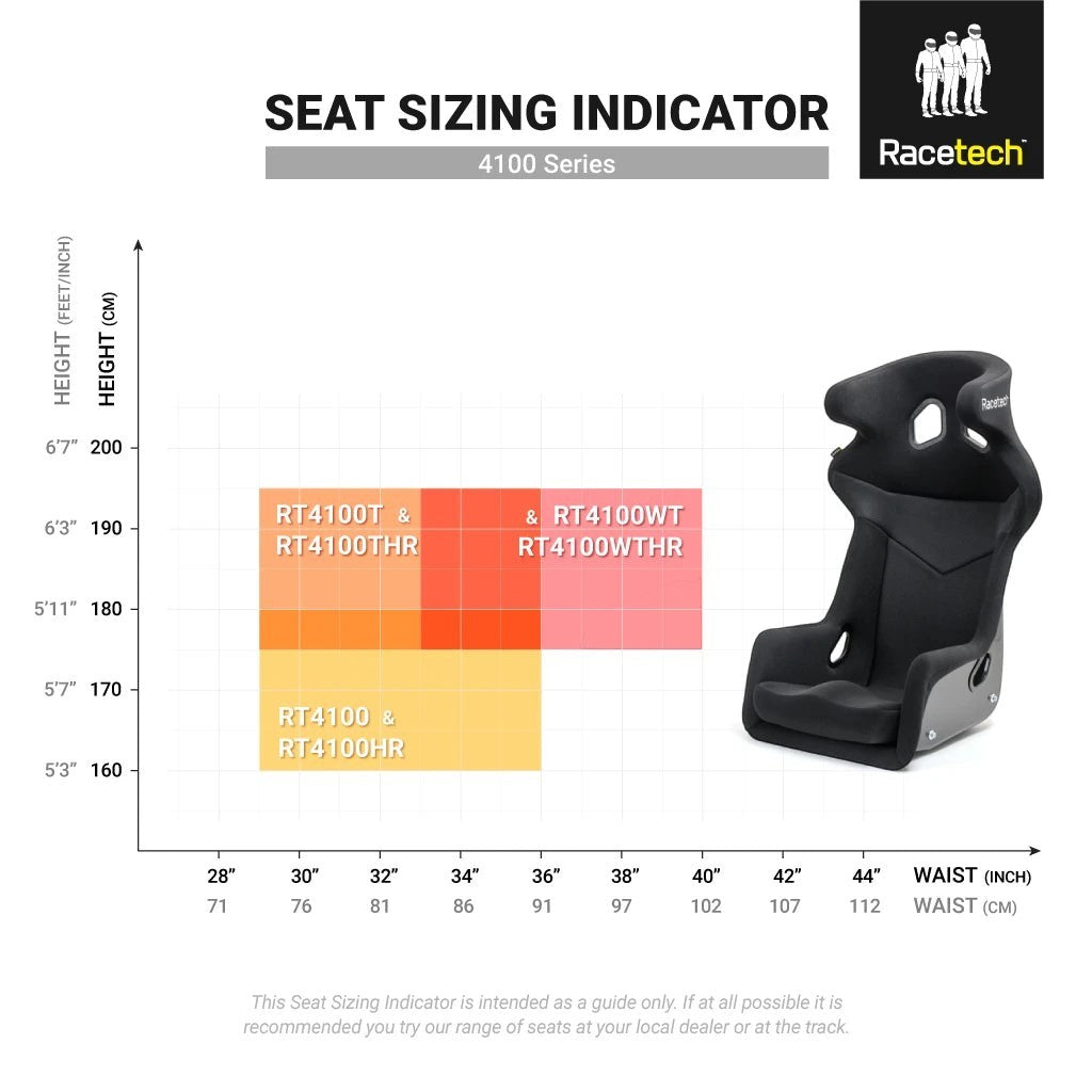 Henderson Race Shop Store Racetech RT4100 series racing seat sizing chart showing height and waist measurements