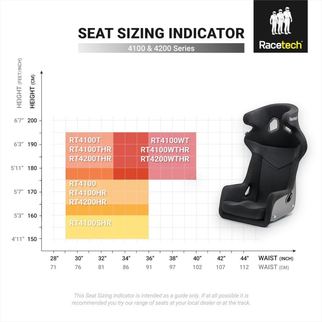 Henderson Race Shop Store Racetech RT4100HR racing seat sizing chart showing height and waist dimensions for models.