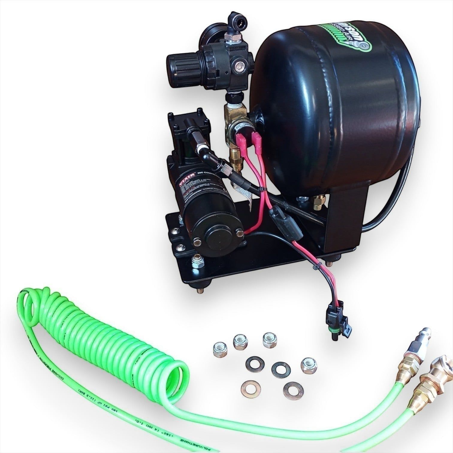 Henderson Race Shop Store lightweight racing air compressor with black tank, regulator, and neon green stretch cord kit