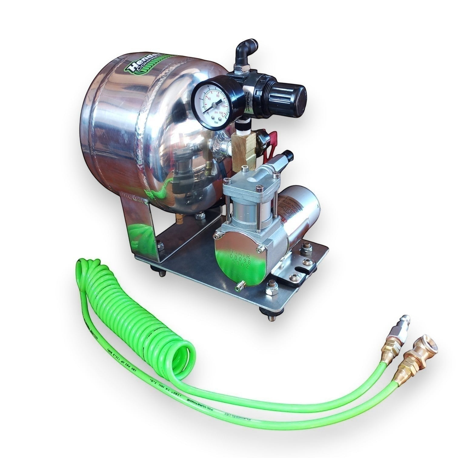 Henderson Race Shop Store on-board air compressor with polished aluminum tank, pressure gauge, and green stretch hose.