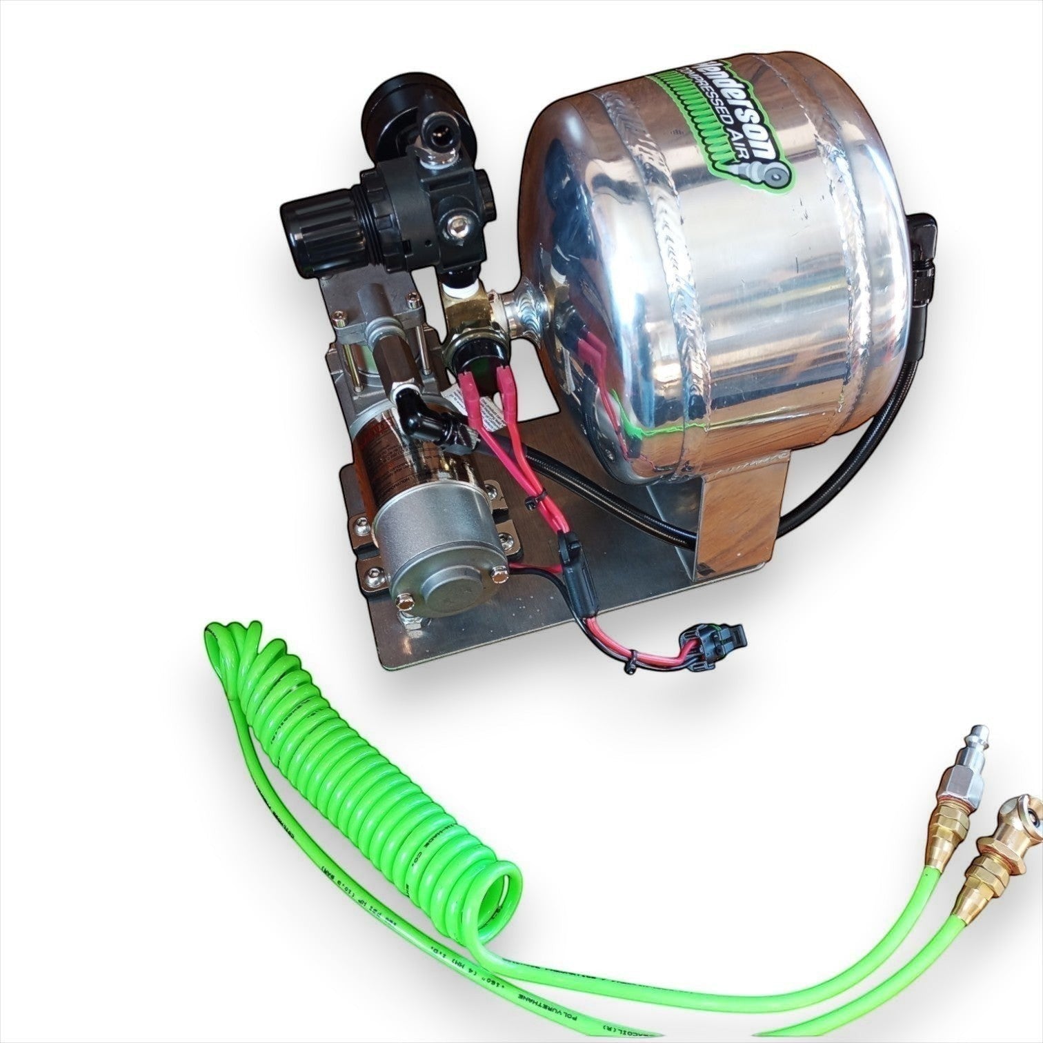 Henderson Race Shop Store air compressor with polished aluminum tank and optional neon green stretch cord air hose.