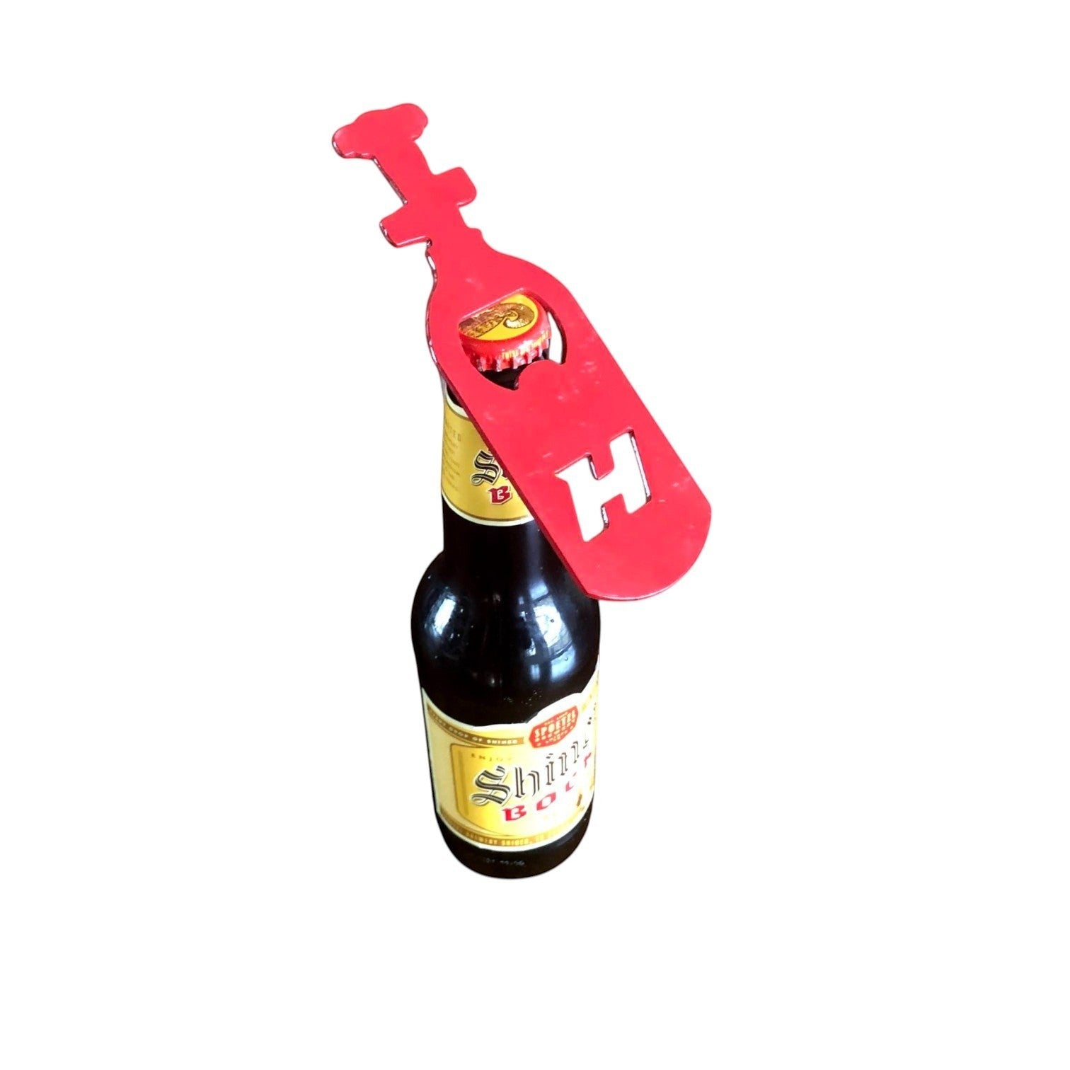 Henderson Race Shop Store red H bomb metal bottle opener on a beer bottle