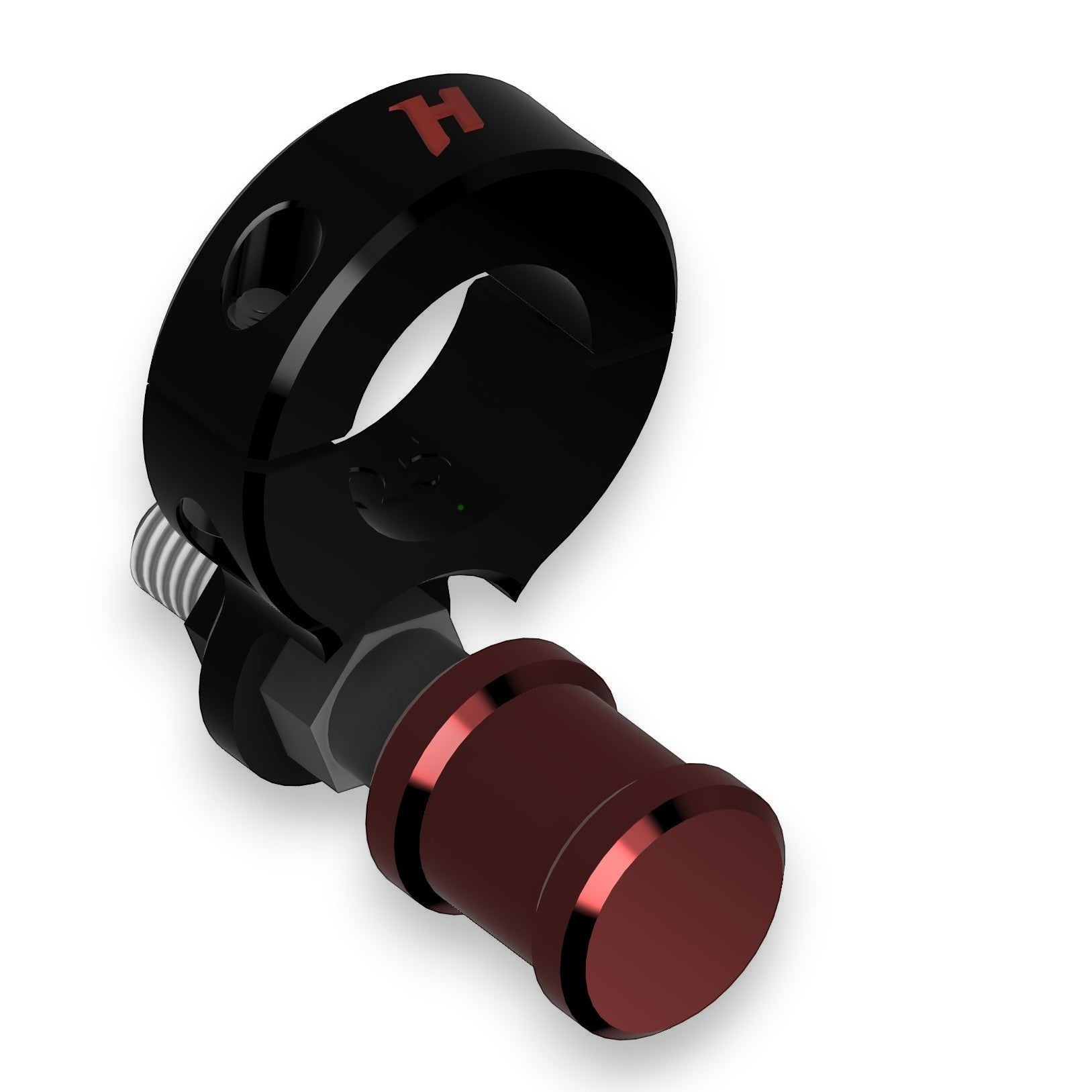 Henderson Race Shop Store roll bar mounted lean-out valve clamp in black ASA plastic with stainless steel hardware.