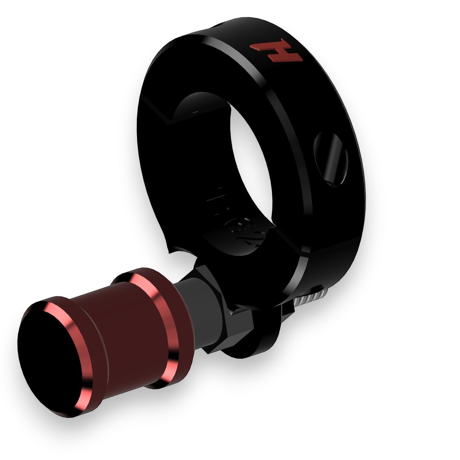 Henderson Race Shop Store black ASA roll bar clamp for TP628 lean-out valve with red accents and stainless hardware