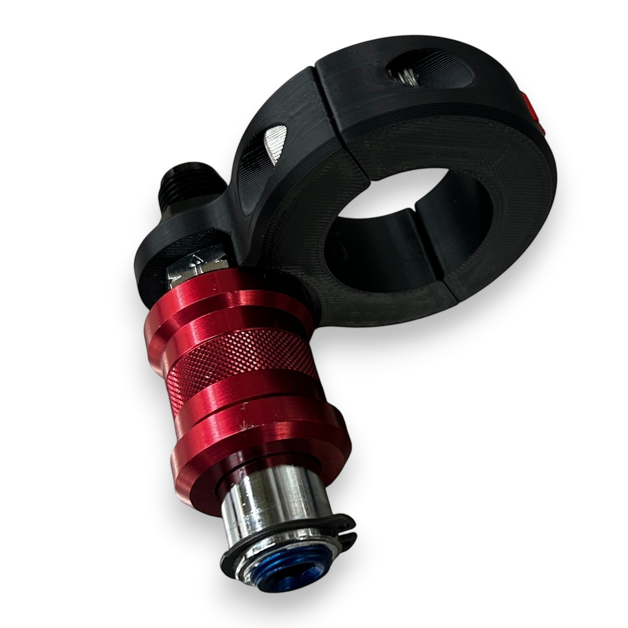 Henderson Race Shop Store black ASA roll bar clamp holding a red TP628 lean-out valve with stainless steel hardware.