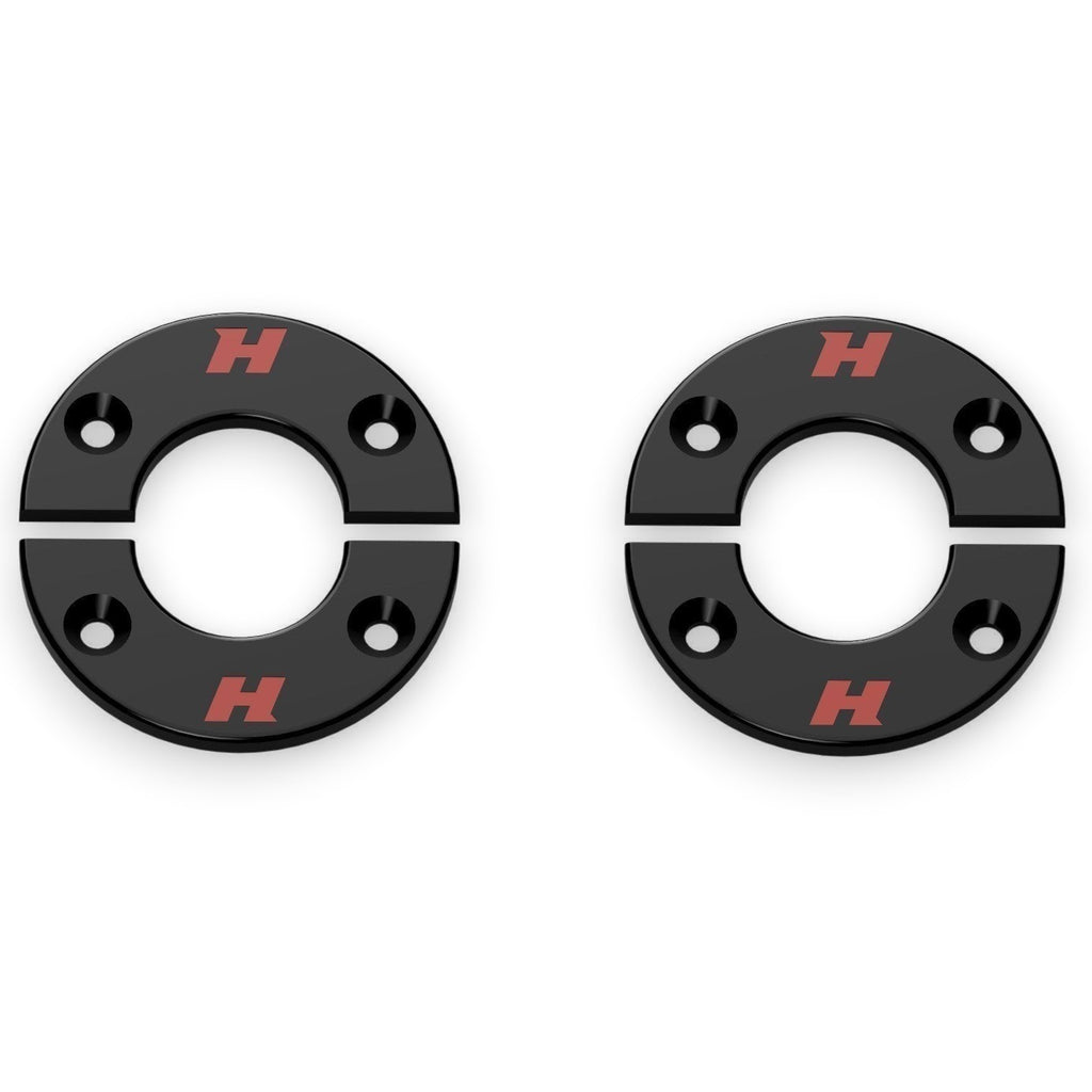 Henderson Race Shop Store black roll cage trim plates for a clean finish on rear deck support bars, sold as a pair.