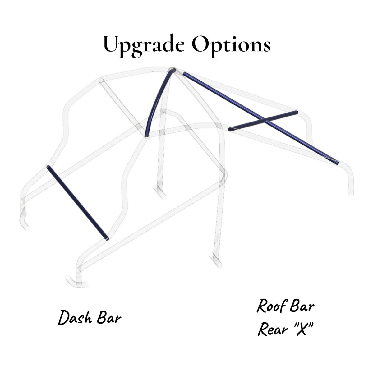 Henderson Race Shop Store 8.50 roll cage upgrade options showing dash bar and roof bar rear X configuration