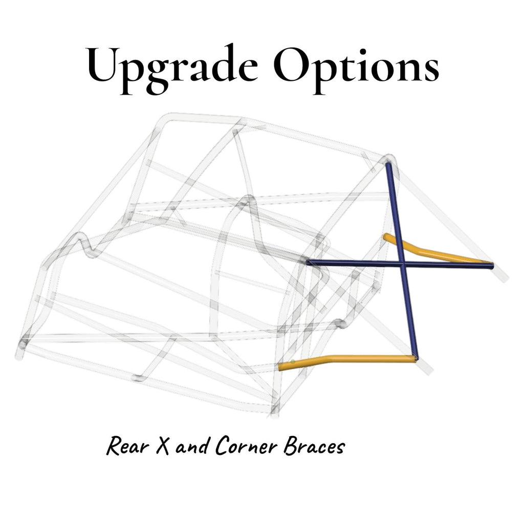 Henderson Race Shop Store 25.5 roll cage upgrade showing rear X-brace and corner braces in a 3D CAD design view.