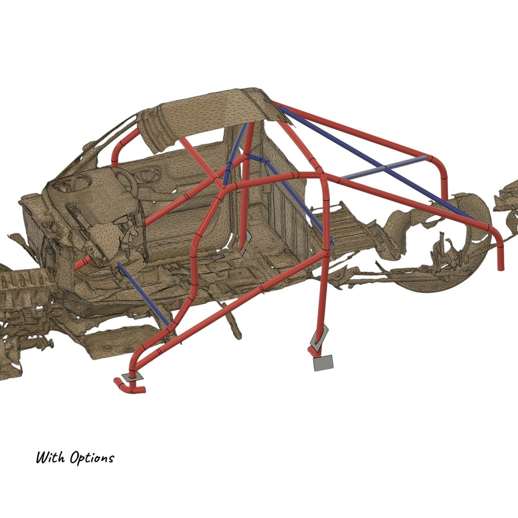 Henderson Race Shop Store 8.50 roll cage kit for 2nd Gen S10, showing CAD design with red and blue tubing structure.