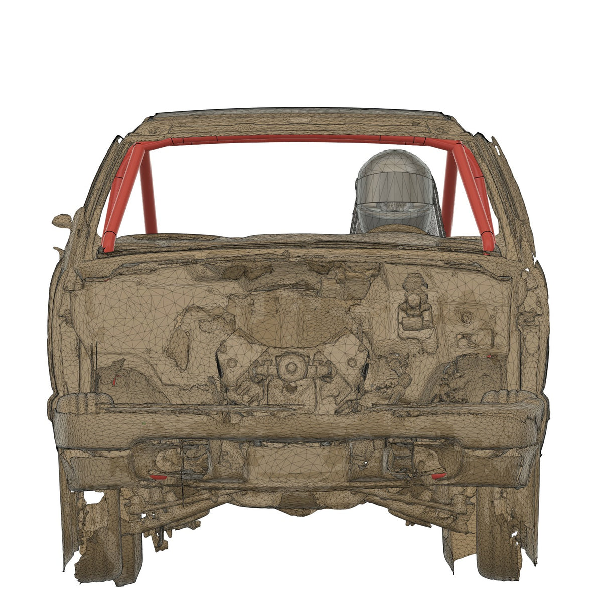 Henderson Race Shop Store 8.50 roll cage kit for 2nd Gen S10 shown in a 3D CAD wireframe model with red A-pillar bars.