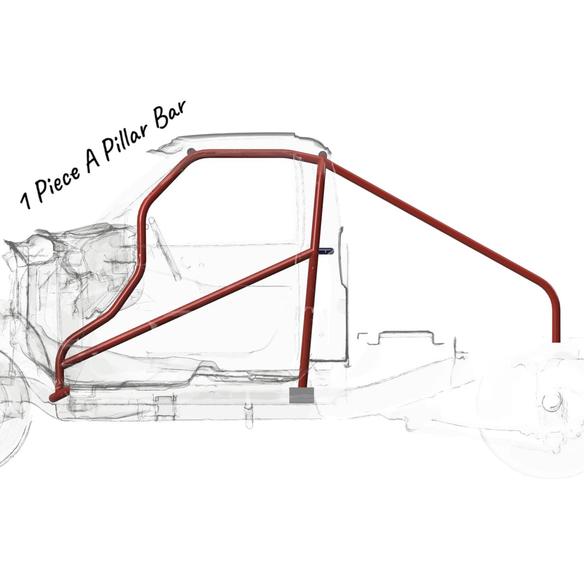 Henderson Race Shop Store 8.50 roll cage kit for S10 showing the 1-piece A-pillar bar design in a CAD wireframe view.