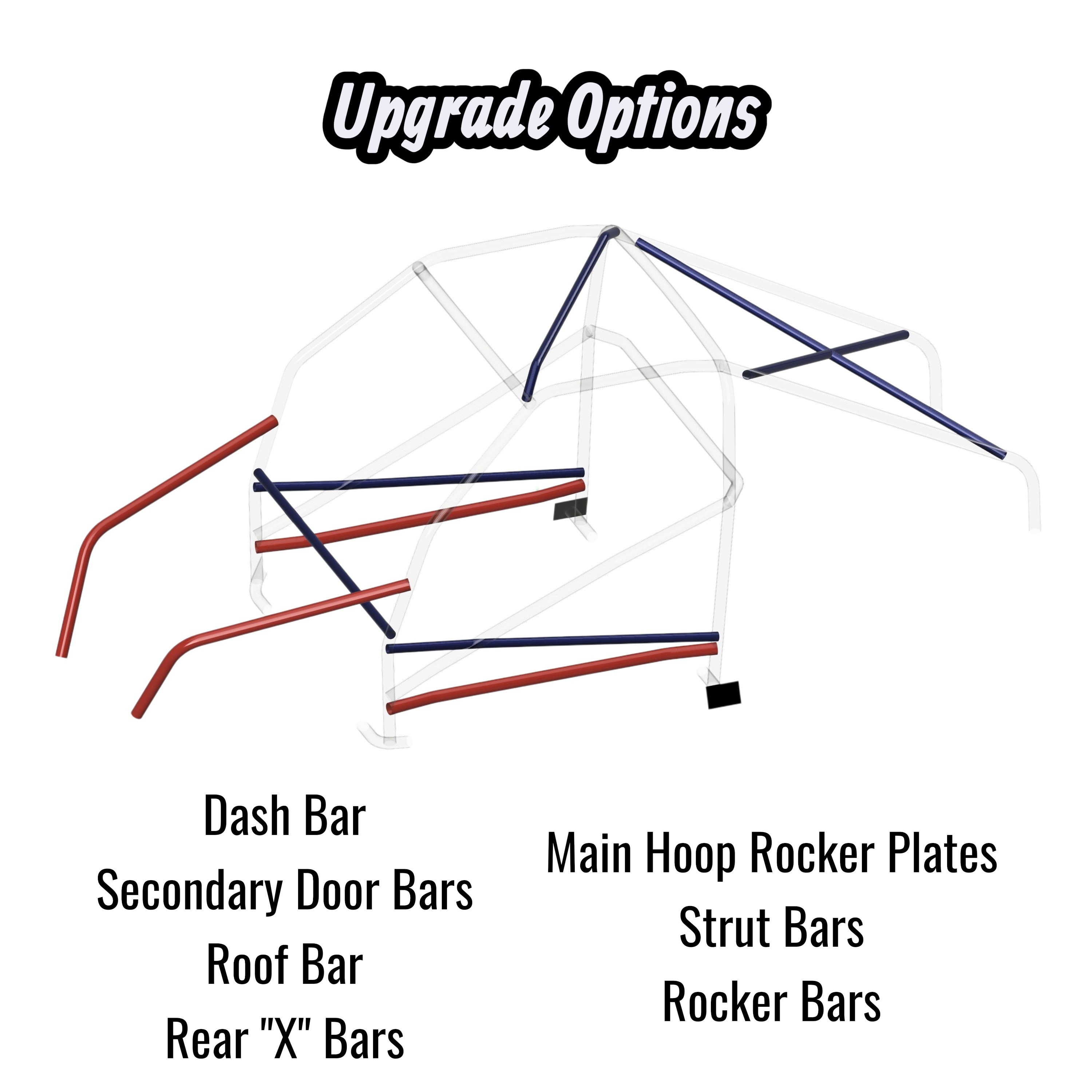 Henderson Race Shop Store 8.50 roll cage kit diagram for 2nd Gen S10 showing upgrade options in red and blue