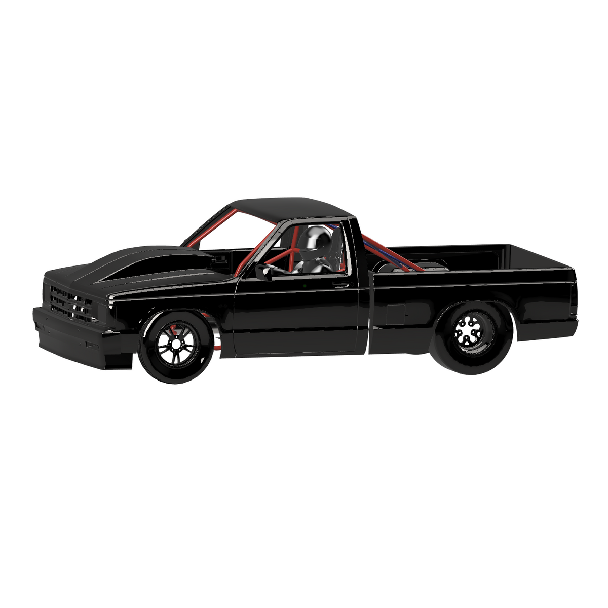 Henderson Race Shop Store 8.50 roll cage kit installed in a black 1st Gen S10 truck with red interior tubing