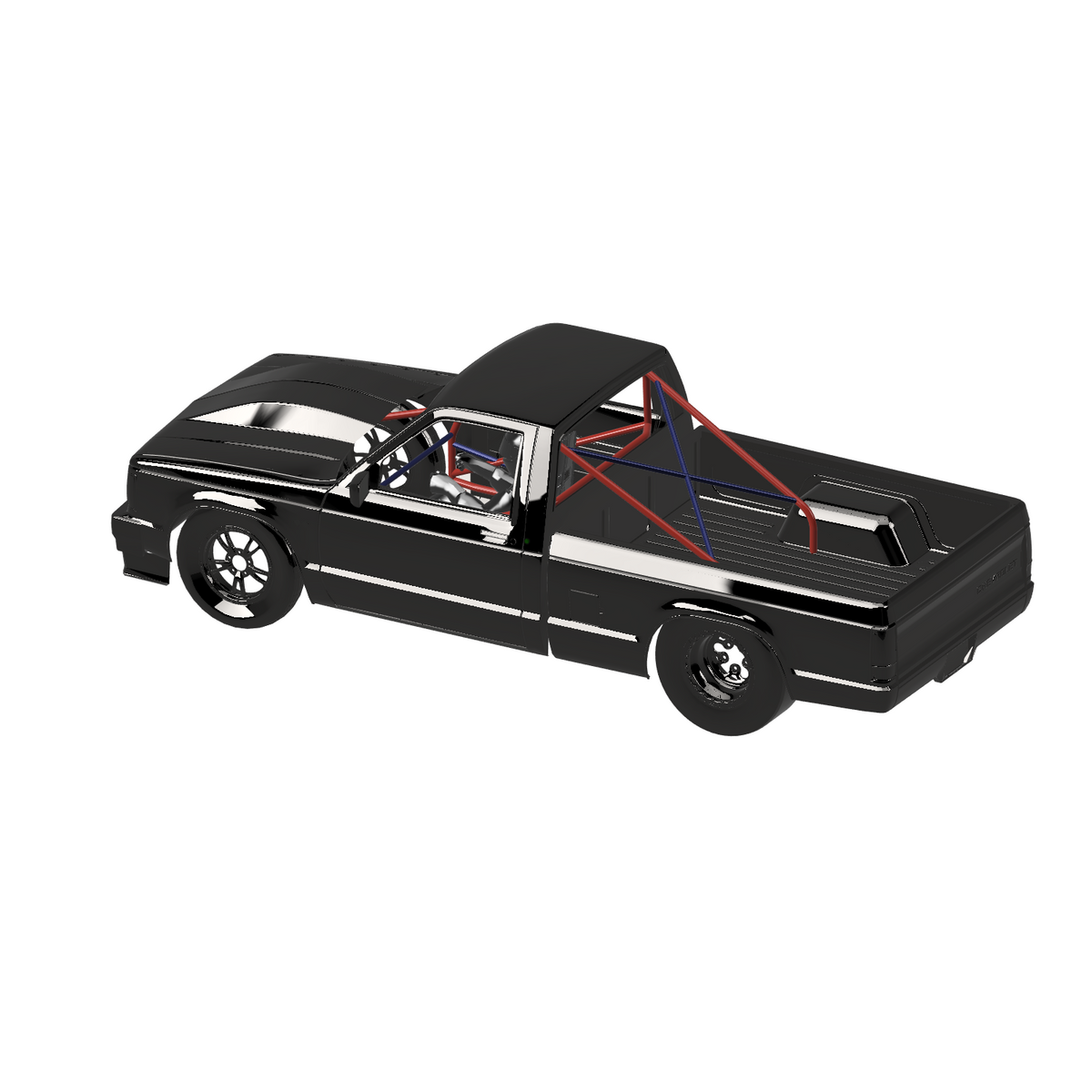 Henderson Race Shop Store 8.50 roll cage kit installed in a black 1st Gen S10 pickup truck showing CAD design layout