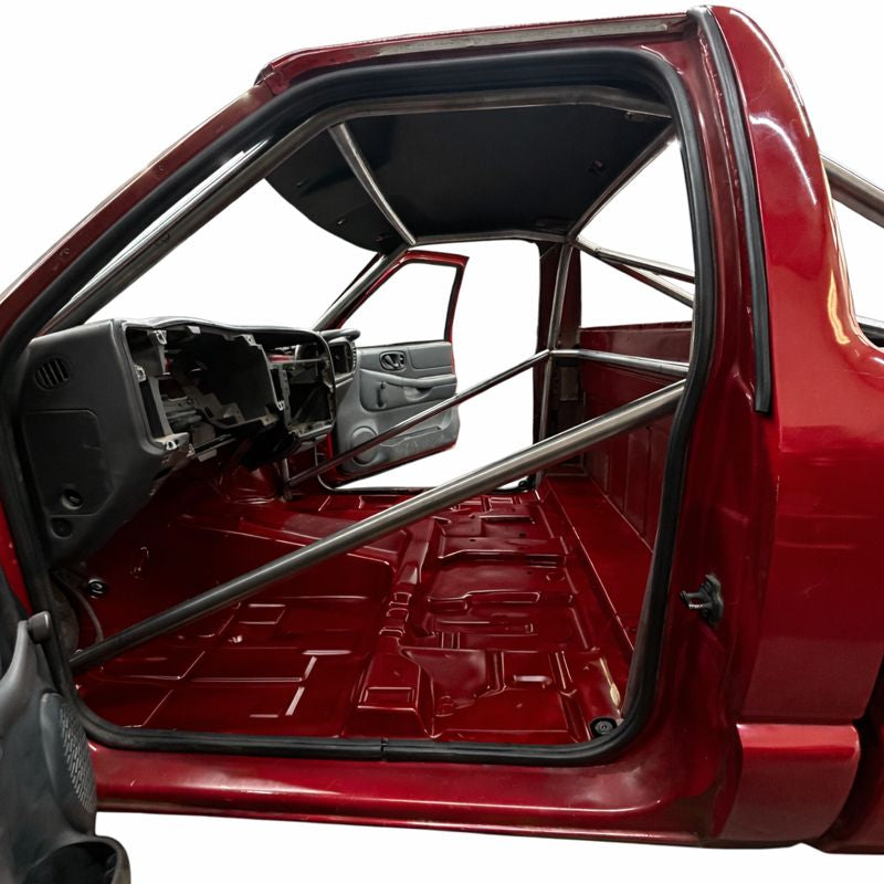 Henderson Race Shop Store 8.50 chromoly roll cage installed in a red 2nd Gen S10 truck with A-pillar bars thru dash.