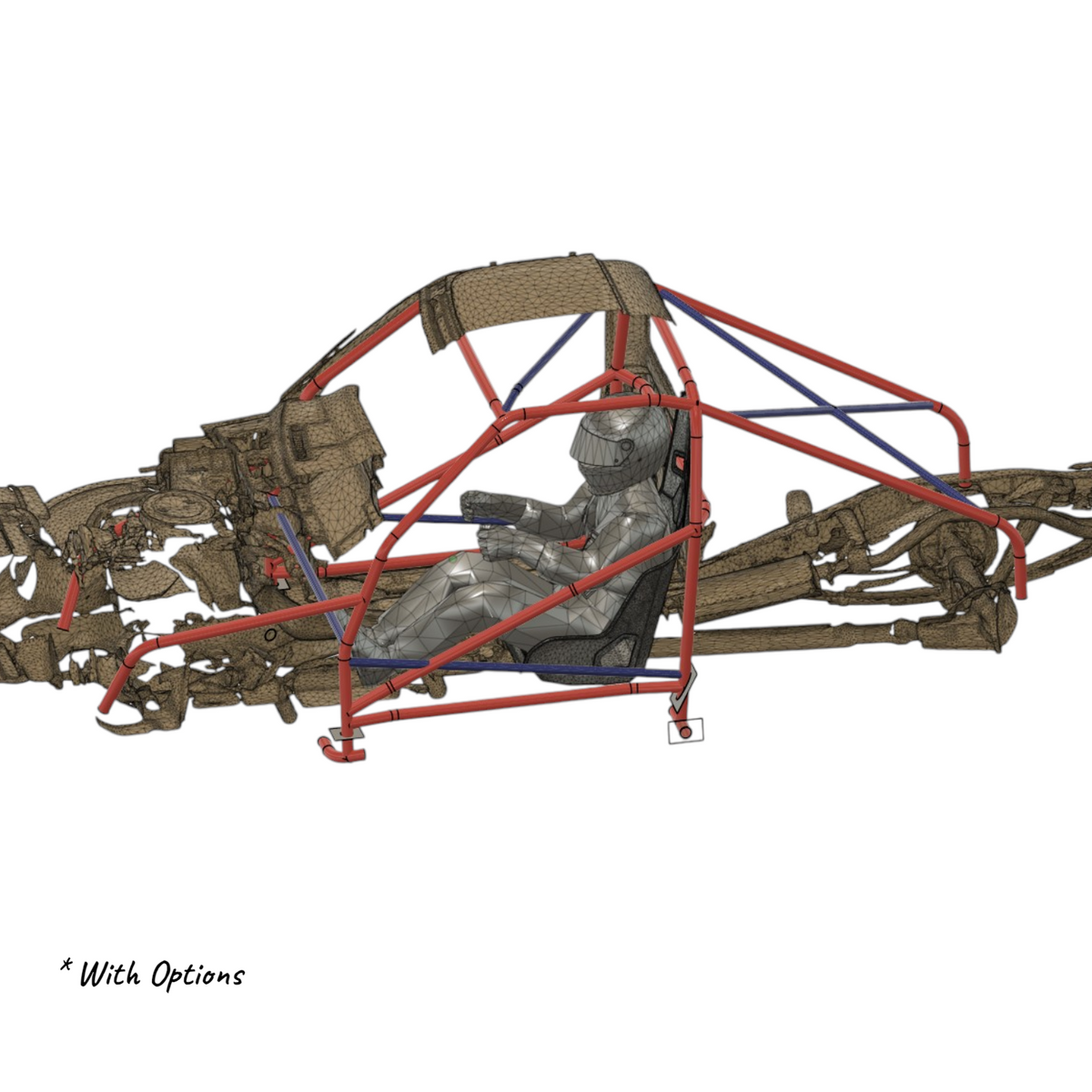 Henderson Race Shop Store 8.50 roll cage kit for 1st gen S10, featuring CAD-designed red and blue tubing in a wireframe car