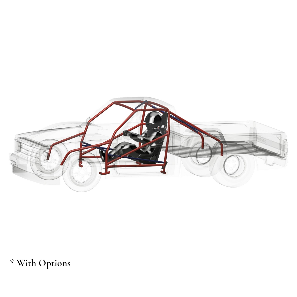 Henderson Race Shop Store 8.50 roll cage kit for 1st Gen S10 truck shown with optional bars and driver in cockpit