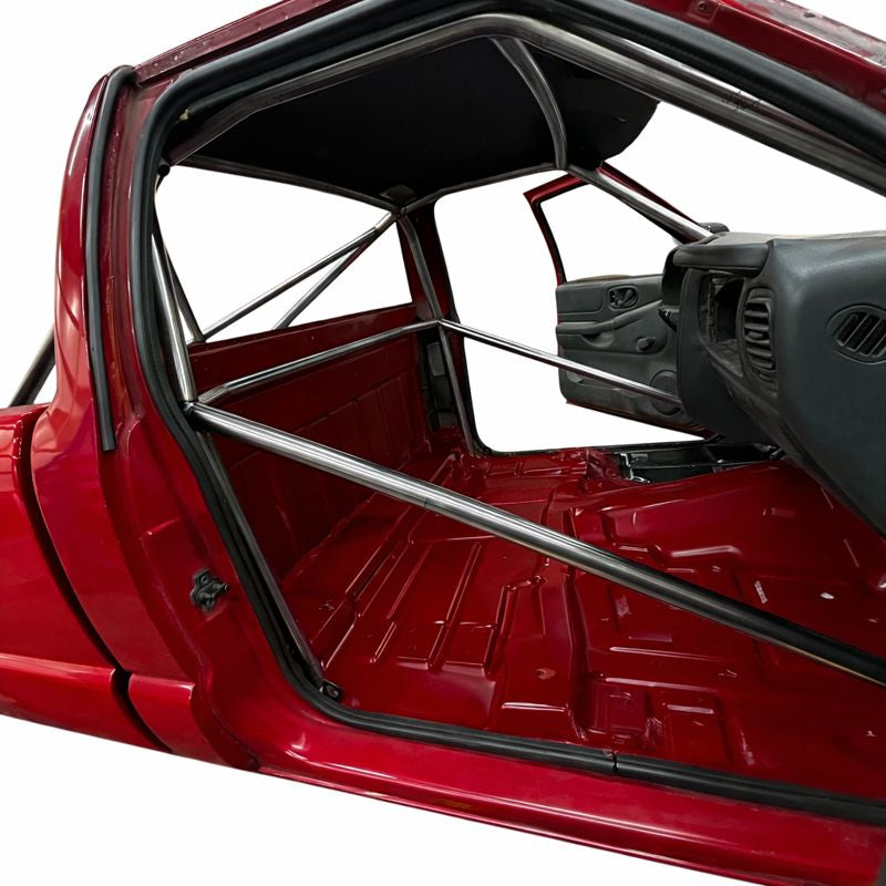 Henderson Race Shop Store 8.50 chromoly roll cage installed in a red S10 truck with A-pillar bars through the dash