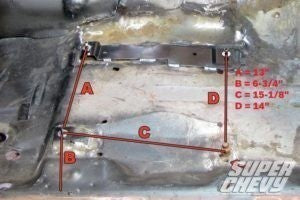 Henderson Race Shop Store seat mount brackets installed on a GM A-Body floor pan with measurement dimensions shown.