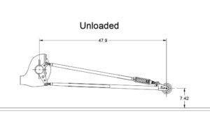 Henderson Race Shop Store single wheelie bar technical diagram showing 47.9 inch length and spring slider mechanism