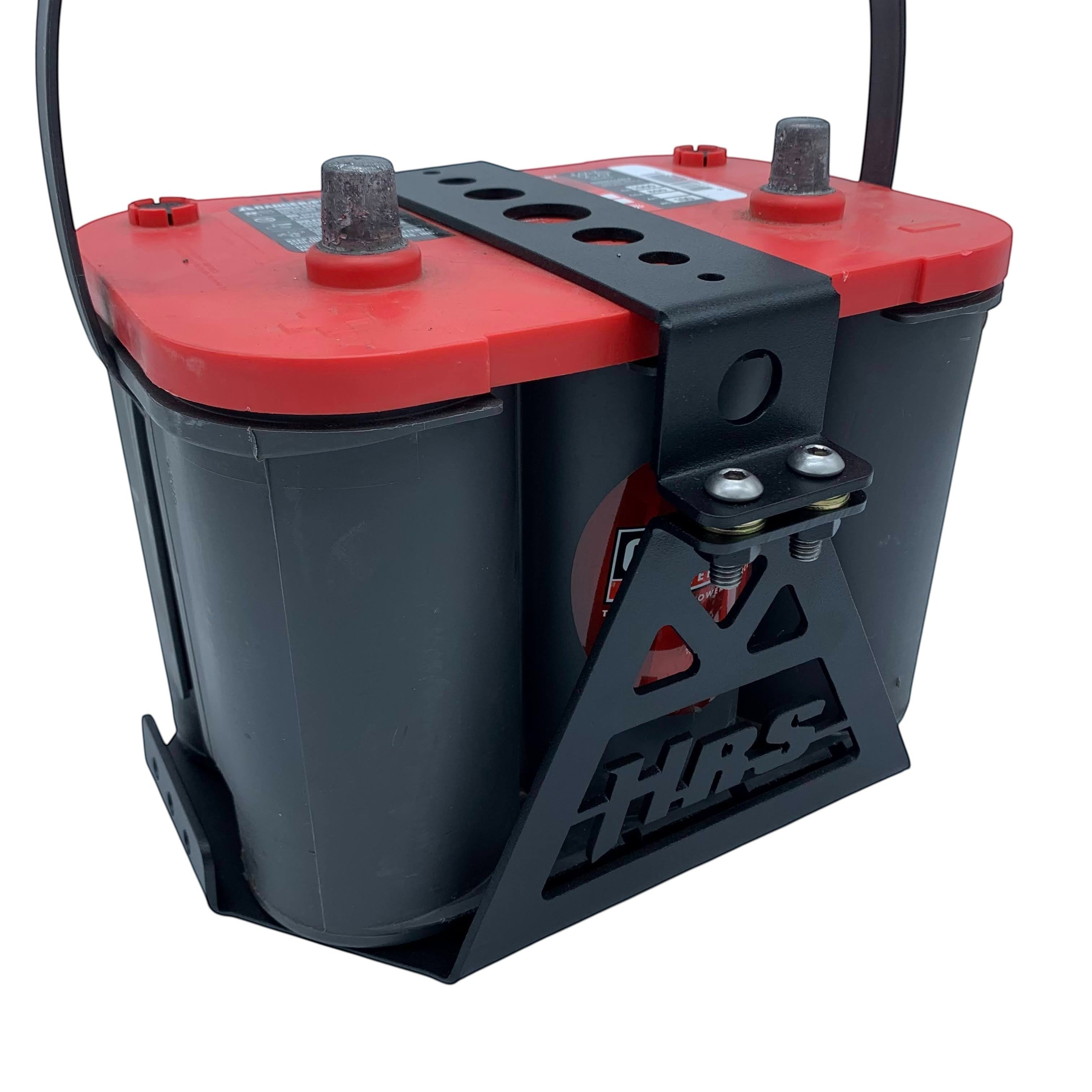 Henderson Race Shop Store black powder-coated steel battery box securing a red and black battery