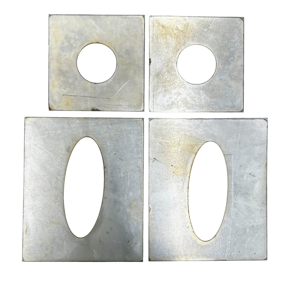 Henderson Race Shop Store custom steel floor plates for roll cage installation with circular and oval cutouts.