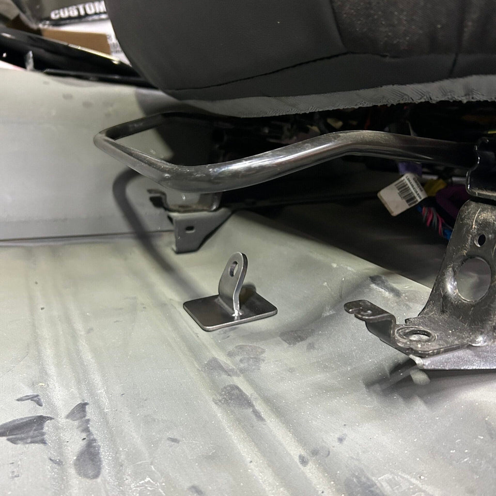 Henderson Race Shop Store weld-in steel floor mount for 5-point harness submarine belt installed on vehicle floor