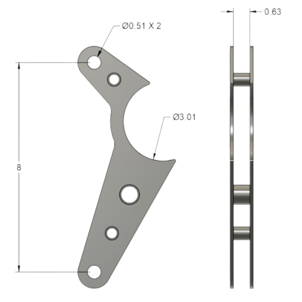 Henderson Race Shop Store welded steel wheelie bar axle bracket with technical dimensions for 3-inch axle tubes.